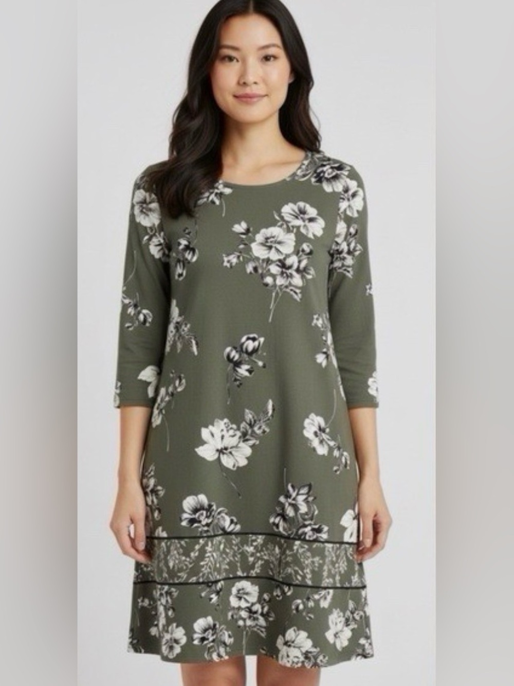 J. Jill Wearever Collection Floral Sage Green Dress Round Neckline Medium Petite
